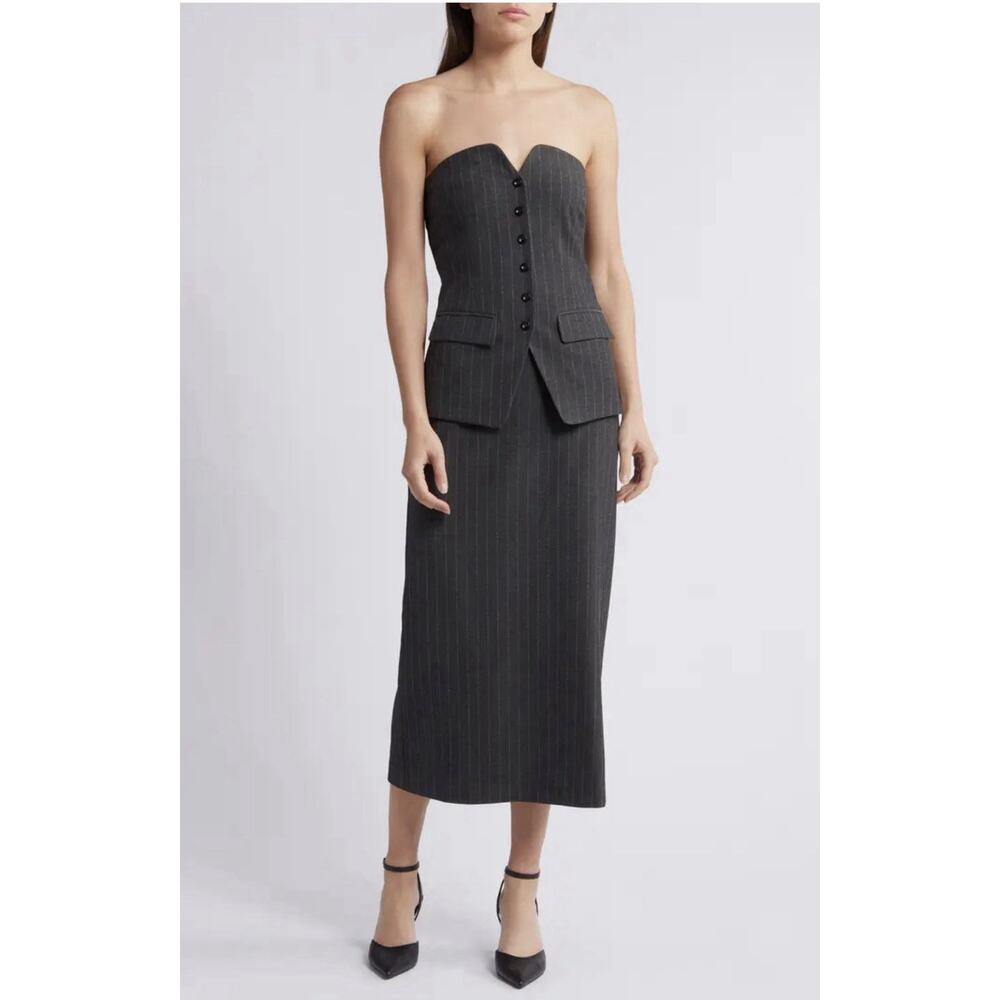 Moon River Strapless Pinstripe Midi Dress Gray Corset Office Siren Size S NWT